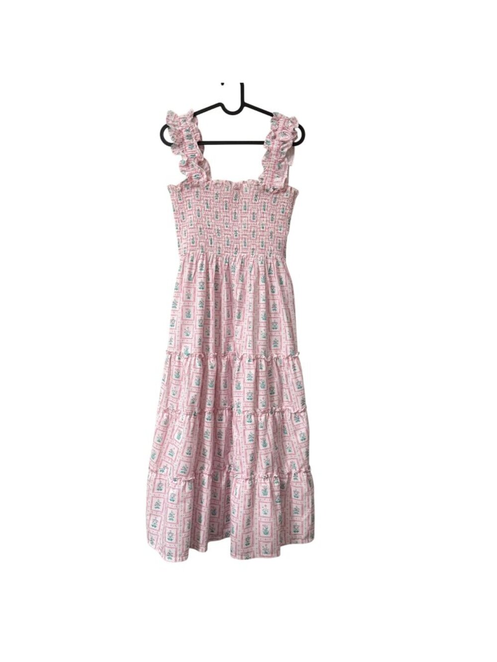 Smockingbird Pink Floral Frame Smocked Ruffle Strap Tiered Maxi Dress Small